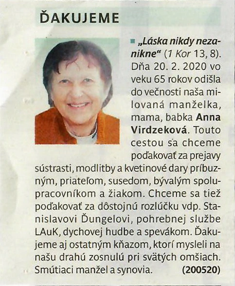 Poďakovanie 185 - pohrebné služby LAuK
