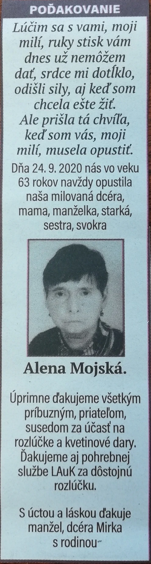 Poďakovanie 173 - pohrebné služby LAuK