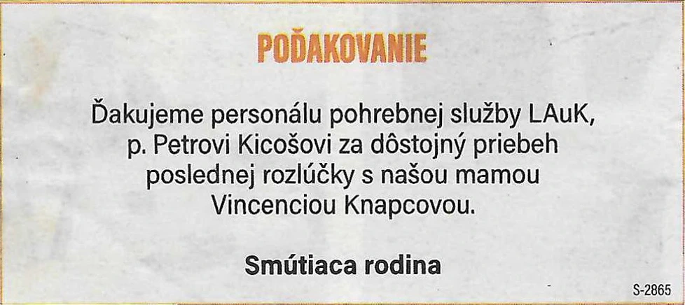 Poďakovanie 170 - pohrebné služby LAuK