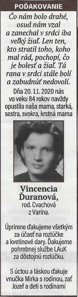 Poďakovanie 169 - pohrebné služby LAuK
