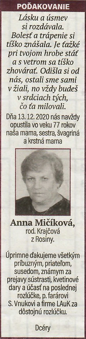 Poďakovanie 165 - pohrebné služby LAuK
