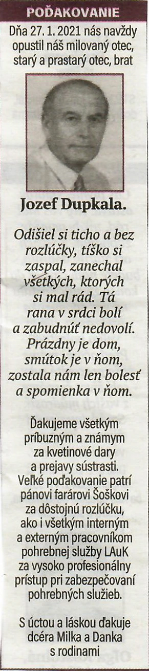 Poďakovanie 162 - pohrebné služby LAuK