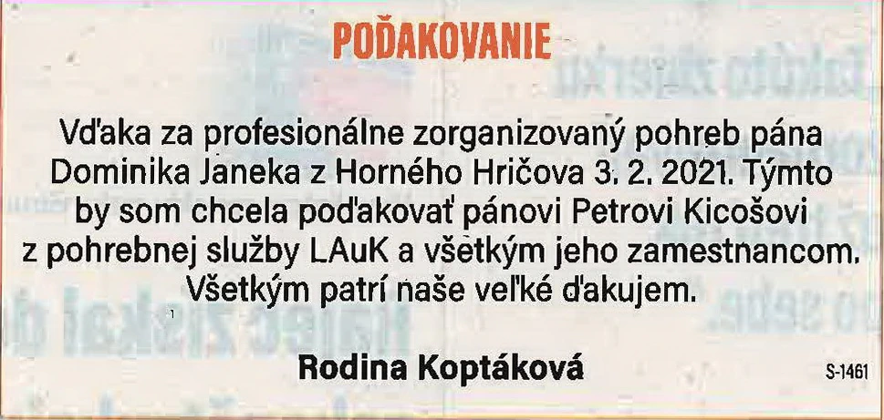 Poďakovanie 159 - pohrebné služby LAuK