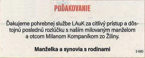 Poďakovanie 156 - pohrebné služby LAuK