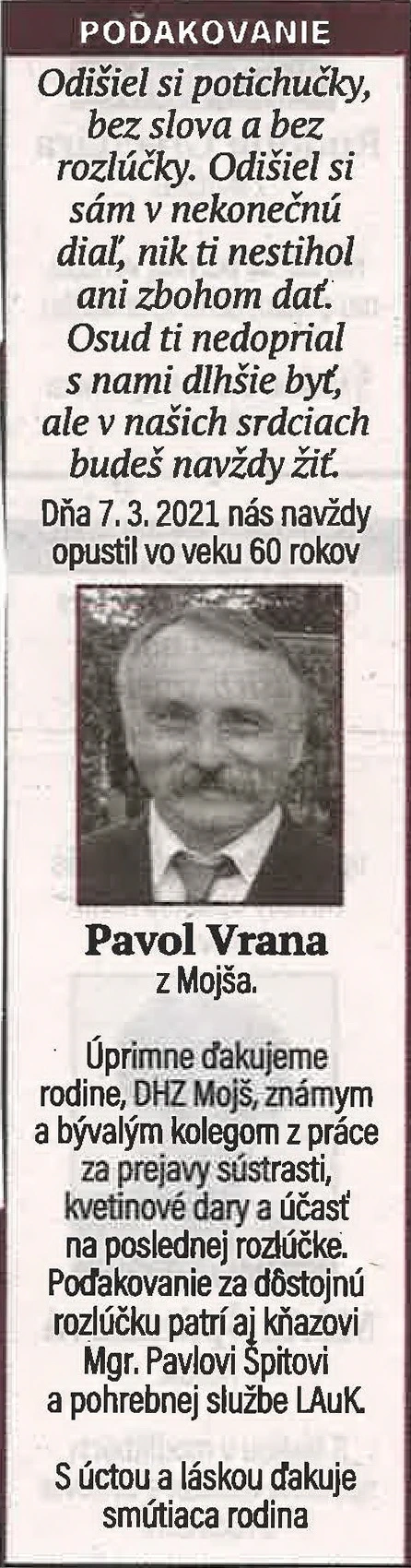 Poďakovanie 153 - pohrebné služby LAuK