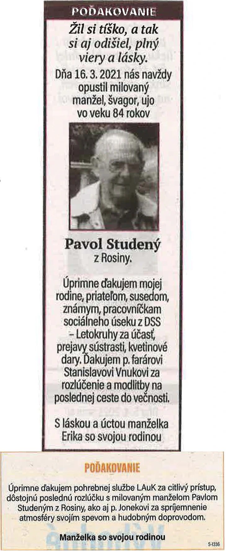 Poďakovanie 152 - pohrebné služby LAuK