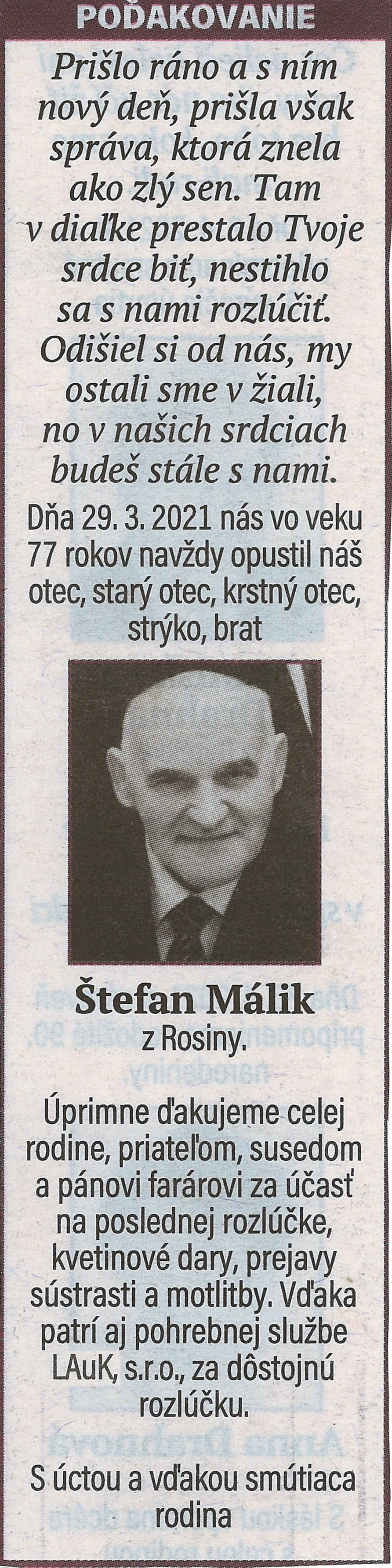 Poďakovanie 149 - pohrebné služby LAuK