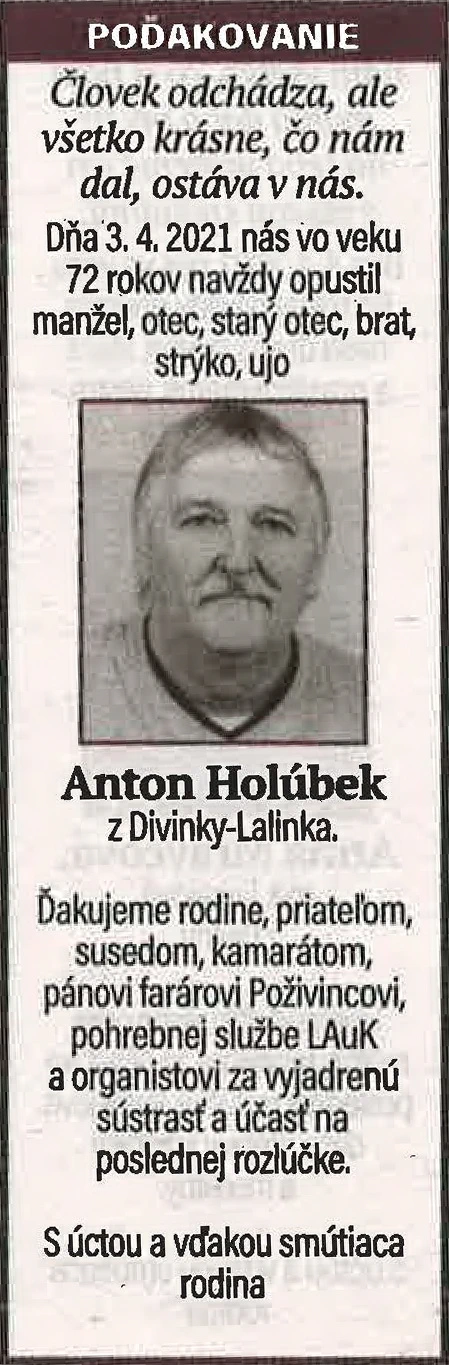 Poďakovanie 148 - pohrebné služby LAuK