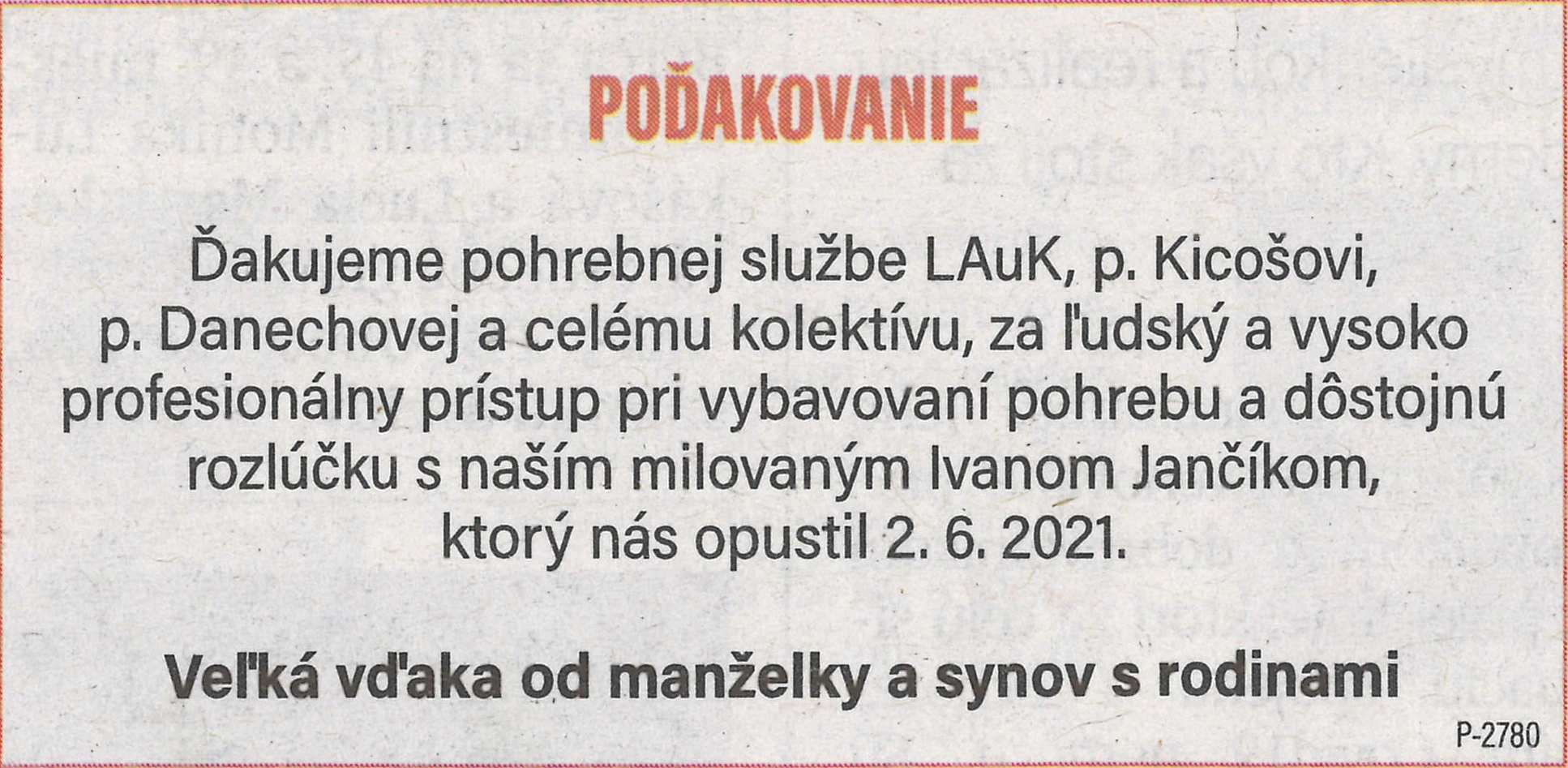 Poďakovanie 138 - pohrebné služby LAuK