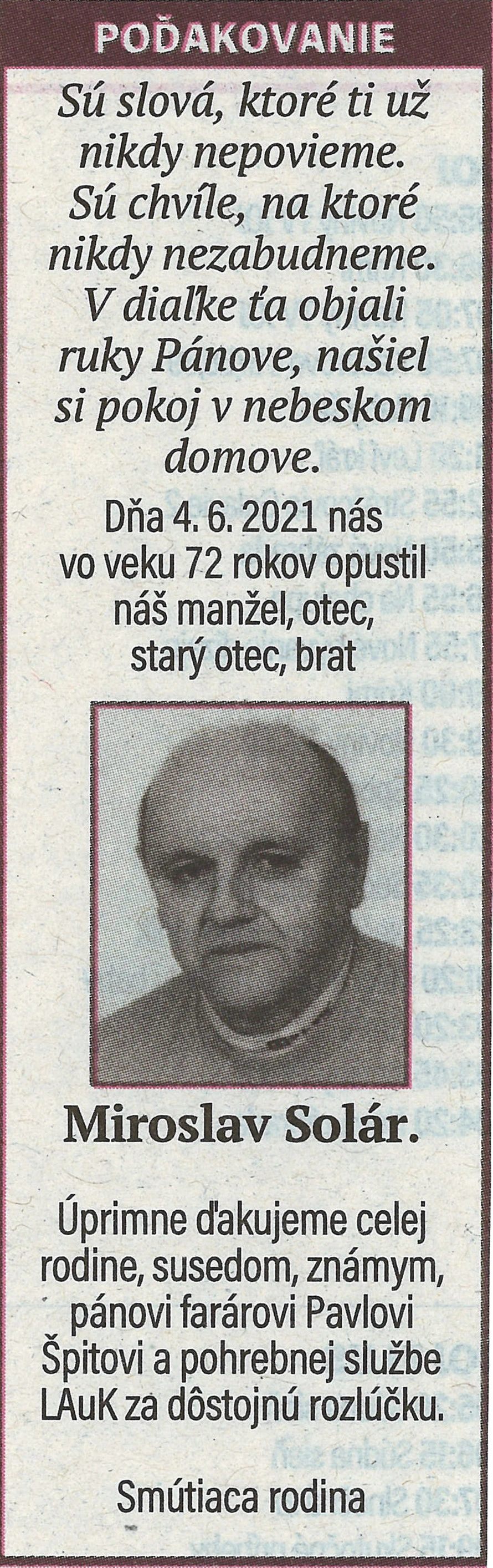Poďakovanie 137 - pohrebné služby LAuK