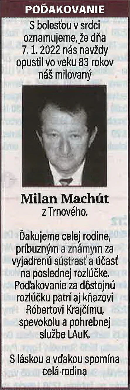 Poďakovanie 125 - pohrebné služby LAuK
