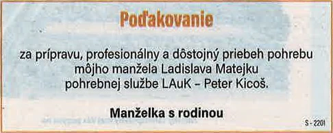 Poďakovanie 104 - pohrebné služby LAuK