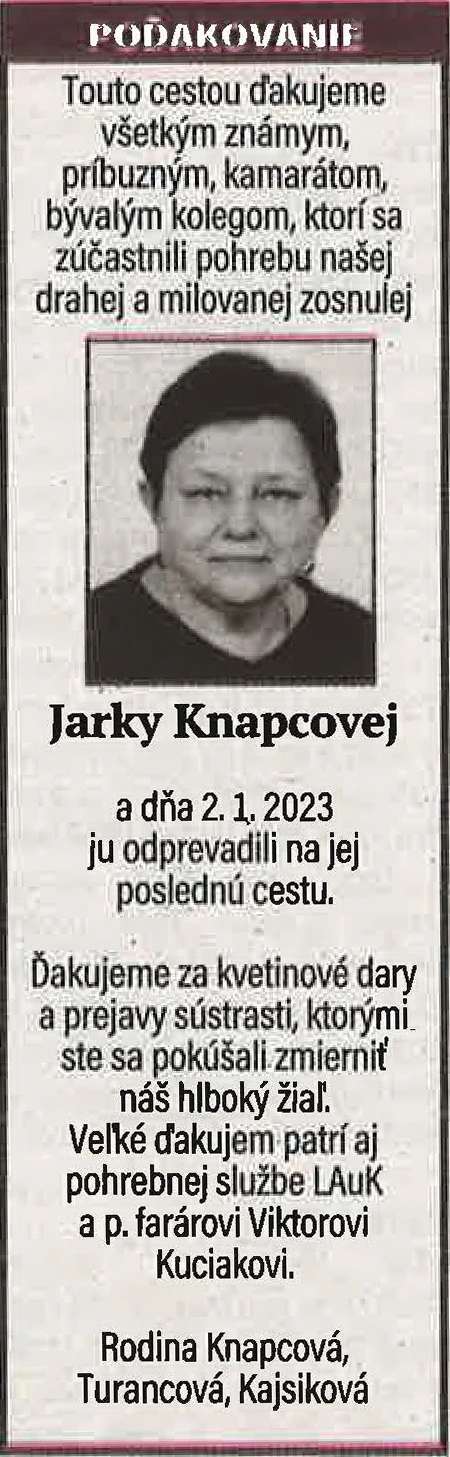 Poďakovanie 98 - pohrebné služby LAuK