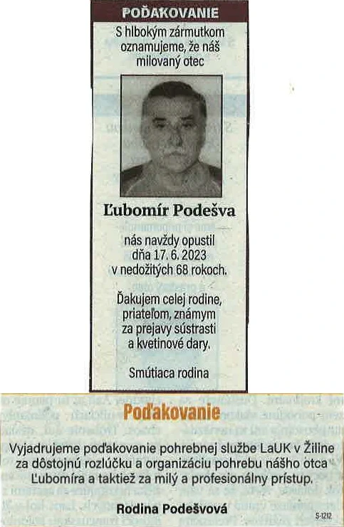 Poďakovanie 89 - pohrebné služby LAuK