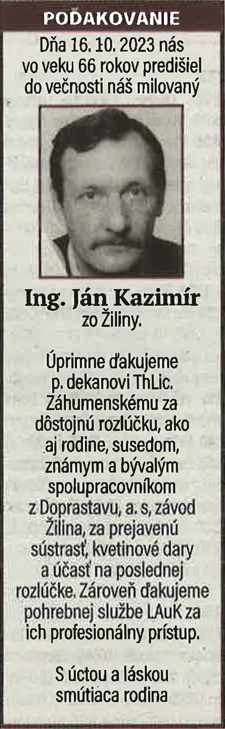 Poďakovanie 79 - pohrebné služby LAuK