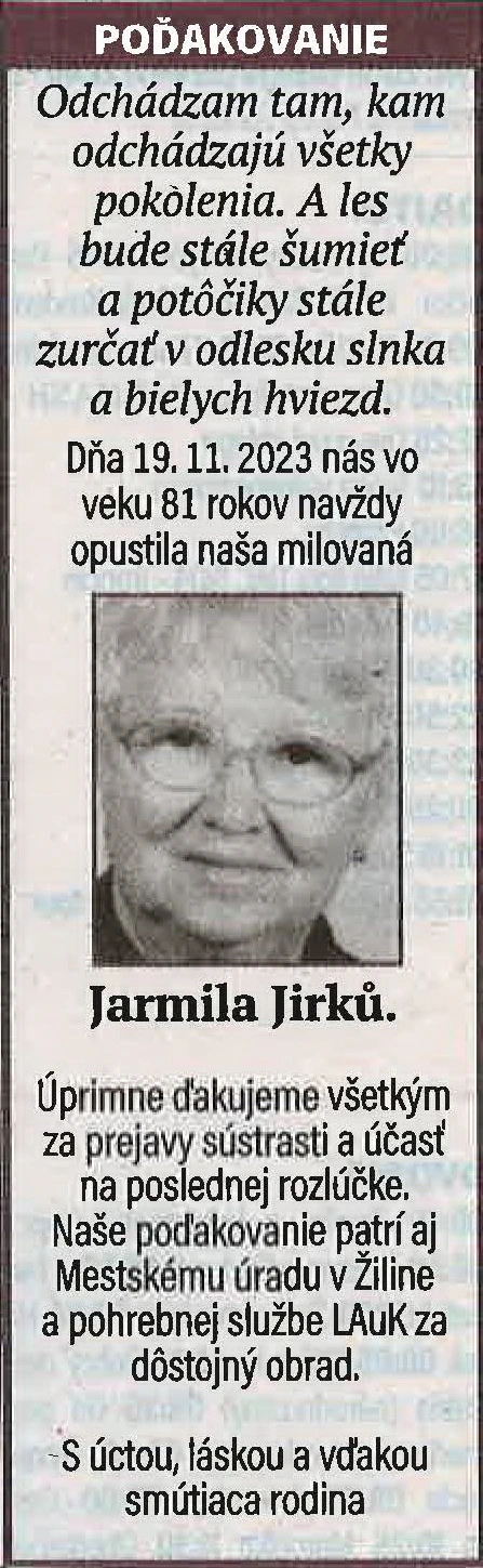 Poďakovanie 76 - pohrebné služby LAuK
