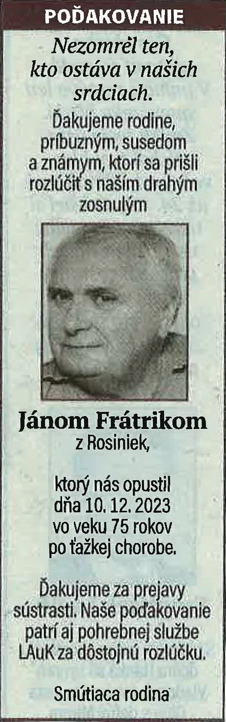 Poďakovanie 73 - pohrebné služby LAuK
