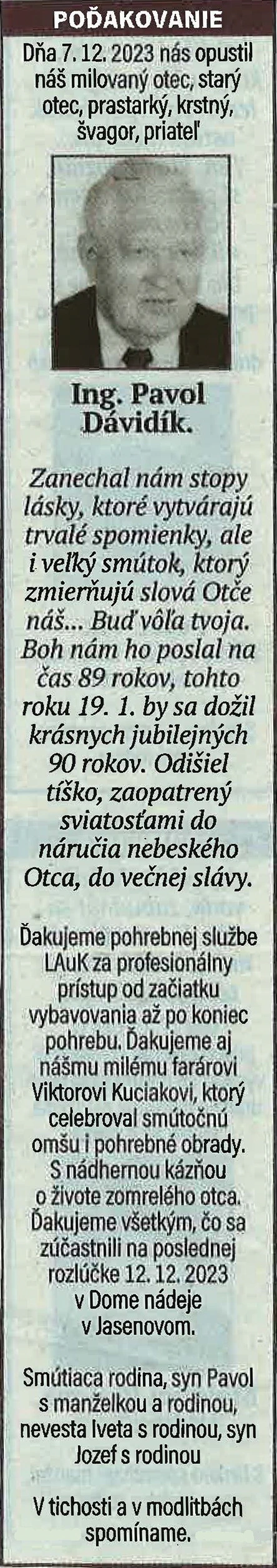 Poďakovanie 72 - pohrebné služby LAuK