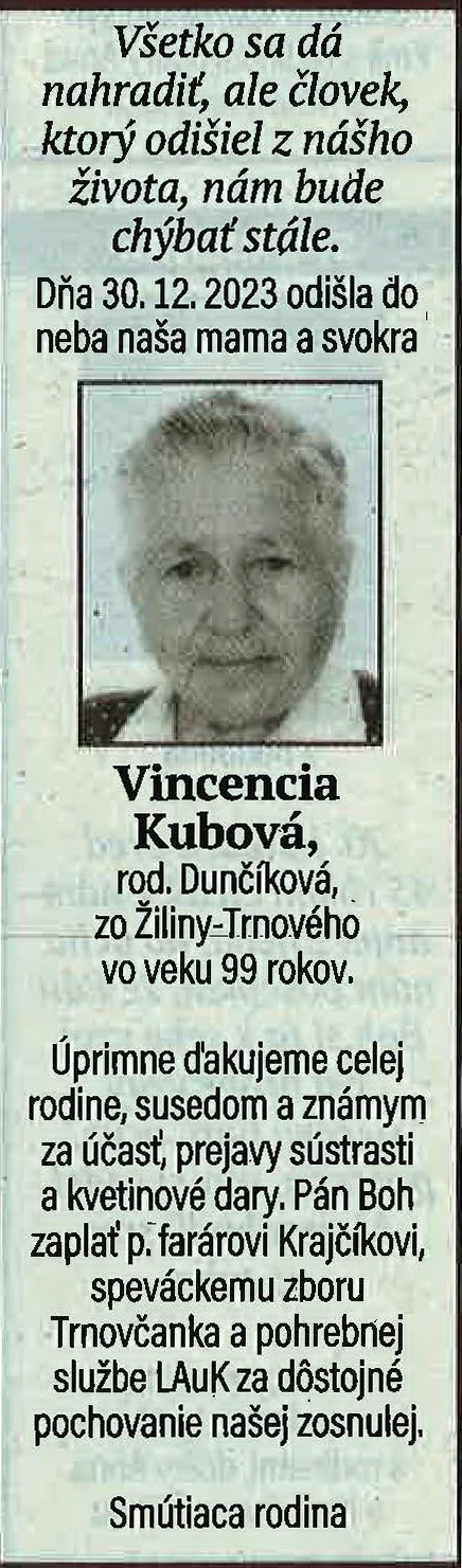 Poďakovanie 70 - pohrebné služby LAuK
