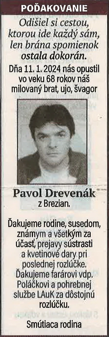 Poďakovanie 69 - pohrebné služby LAuK