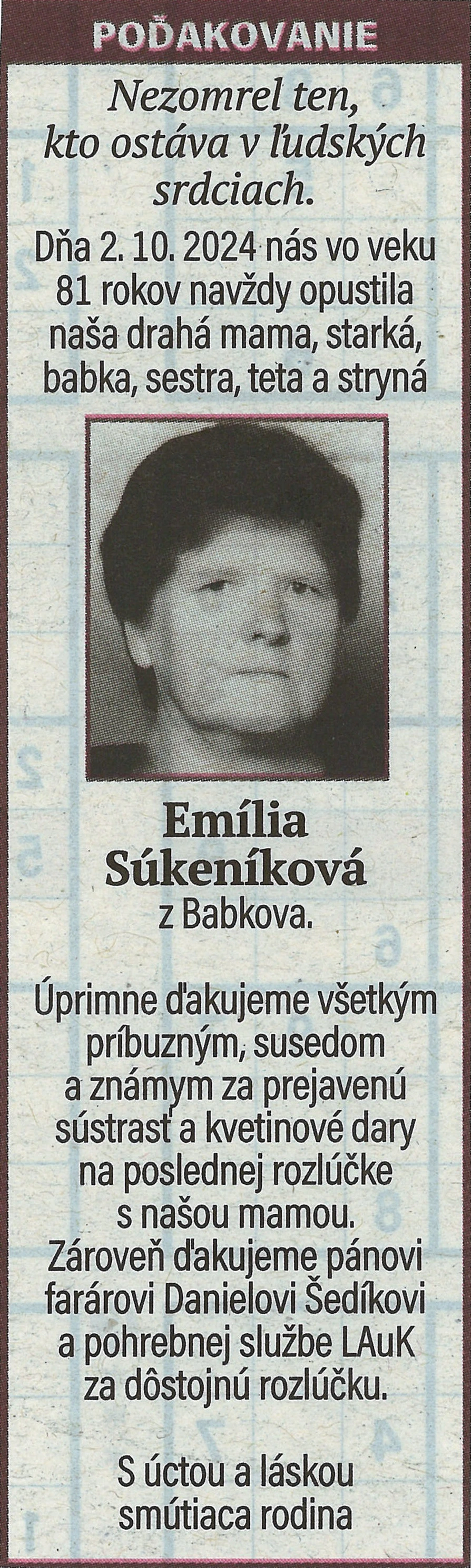 Poďakovanie 59 - pohrebné služby LAuK
