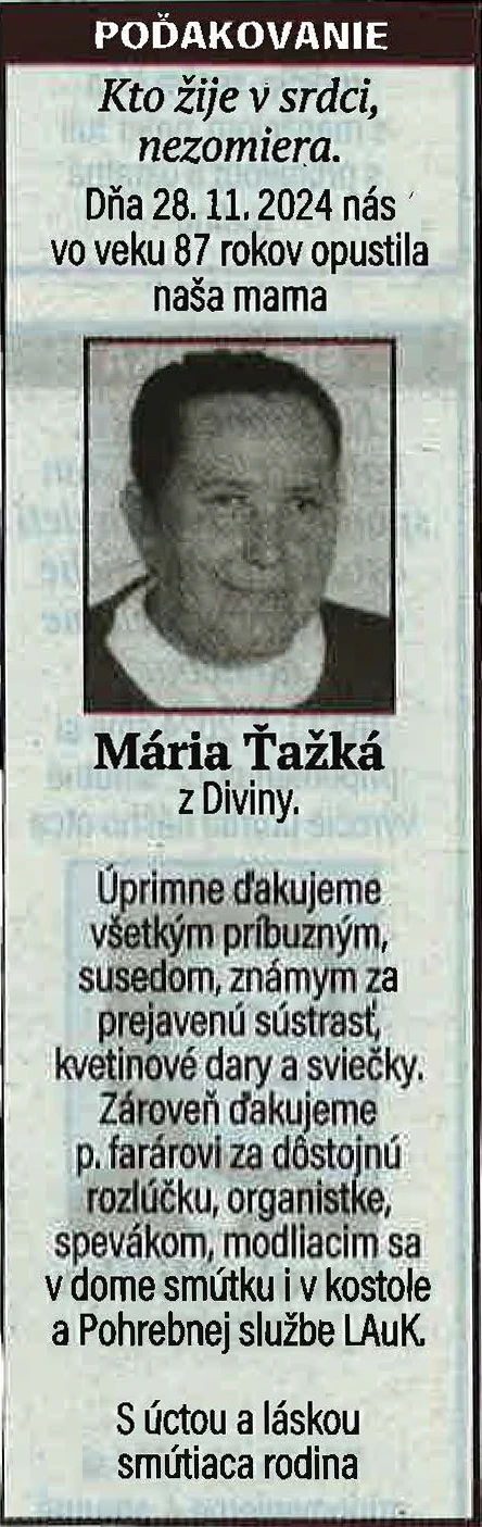 Poďakovanie 52 - pohrebné služby LAuK