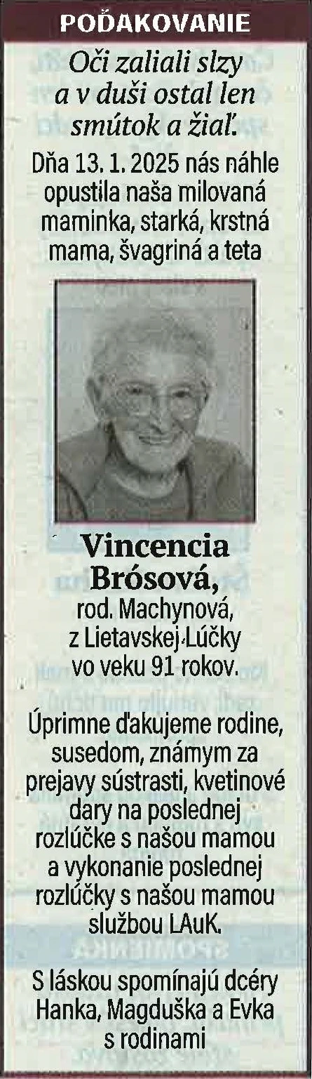 Poďakovanie 46 - pohrebné služby LAuK