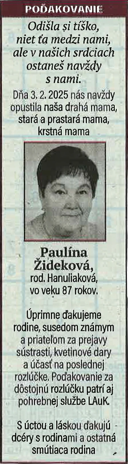 Poďakovanie 43 - pohrebné služby LAuK