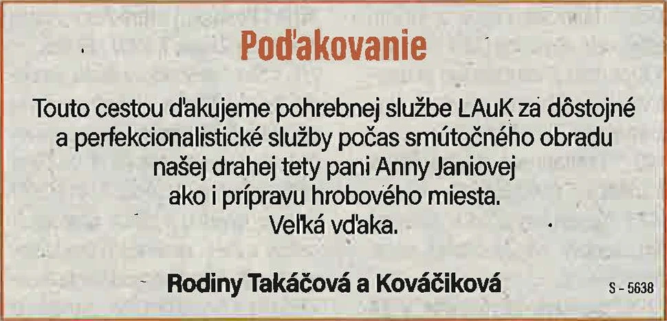 Poďakovanie 38 - pohrebné služby LAuK