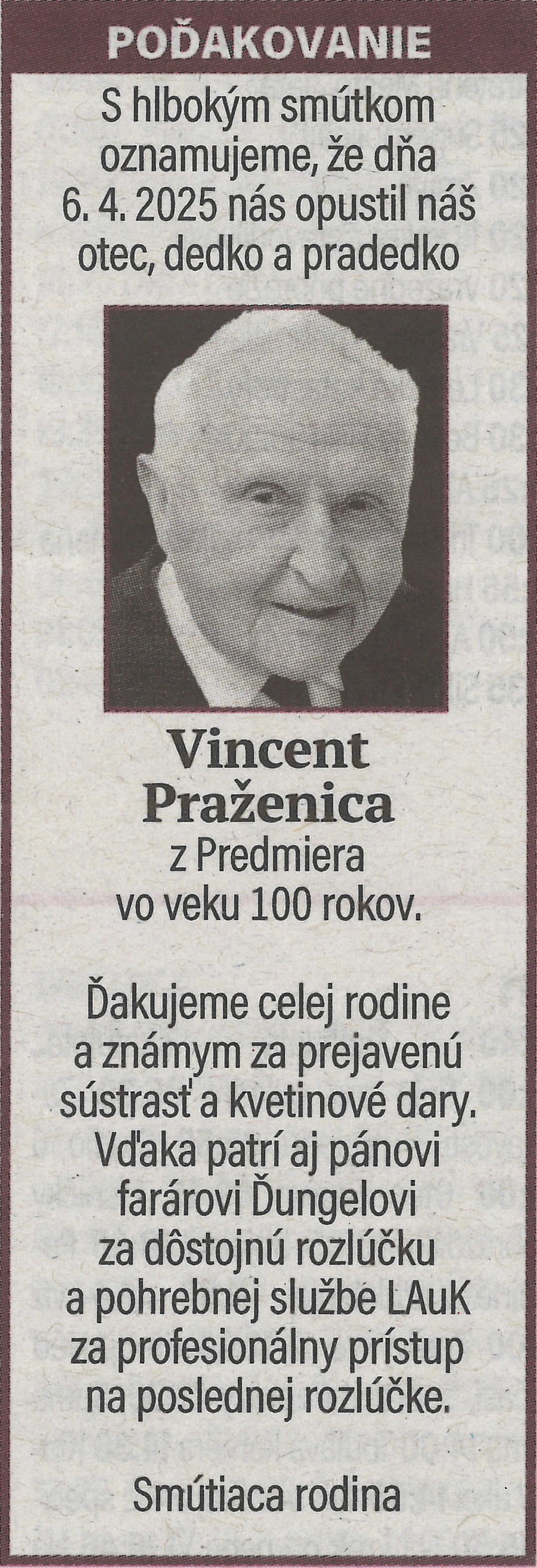 Poďakovanie 36 - pohrebné služby LAuK