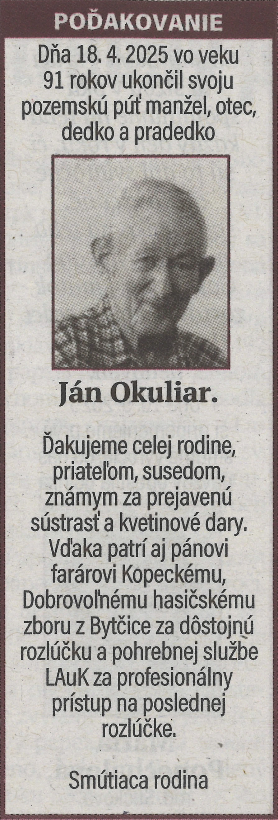 Poďakovanie 35 - pohrebné služby LAuK