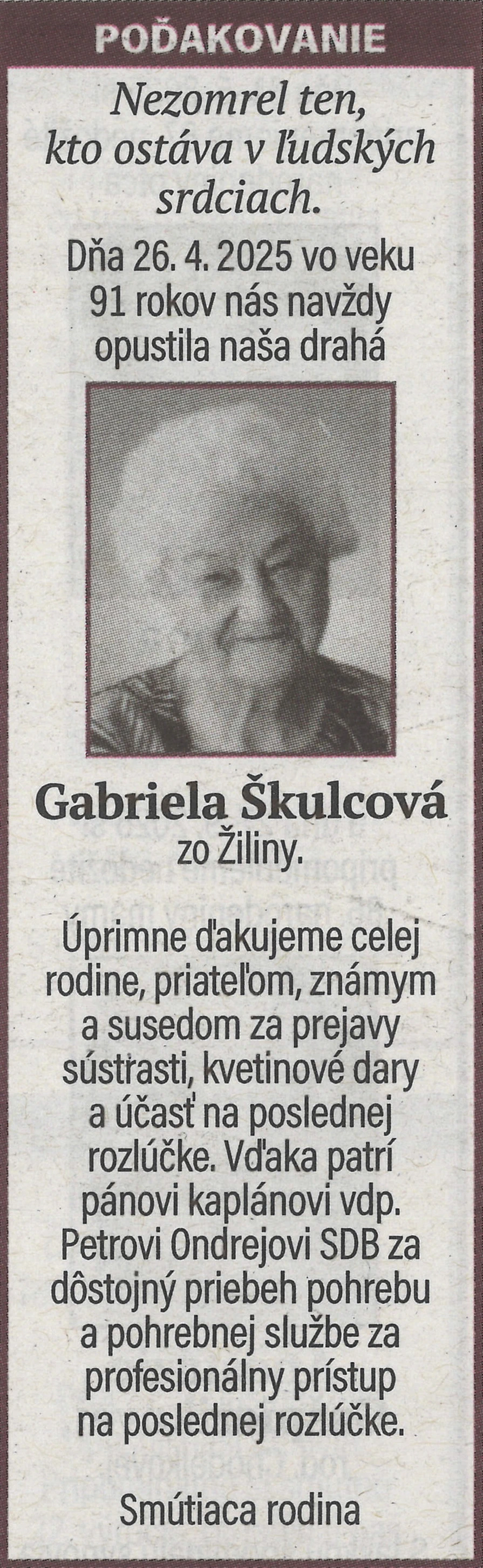 Poďakovanie 34 - pohrebné služby LAuK