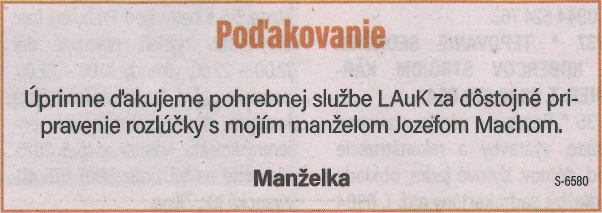 Poďakovanie 33 - pohrebné služby LAuK