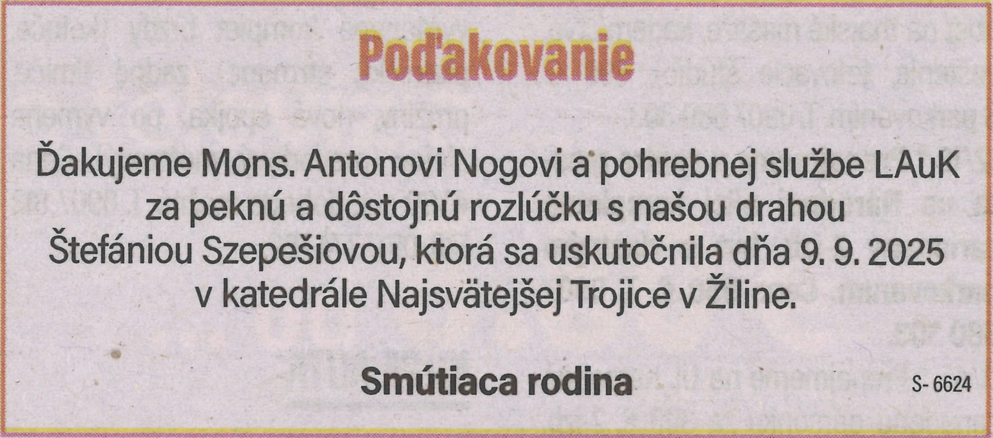 Poďakovanie 32 - pohrebné služby LAuK