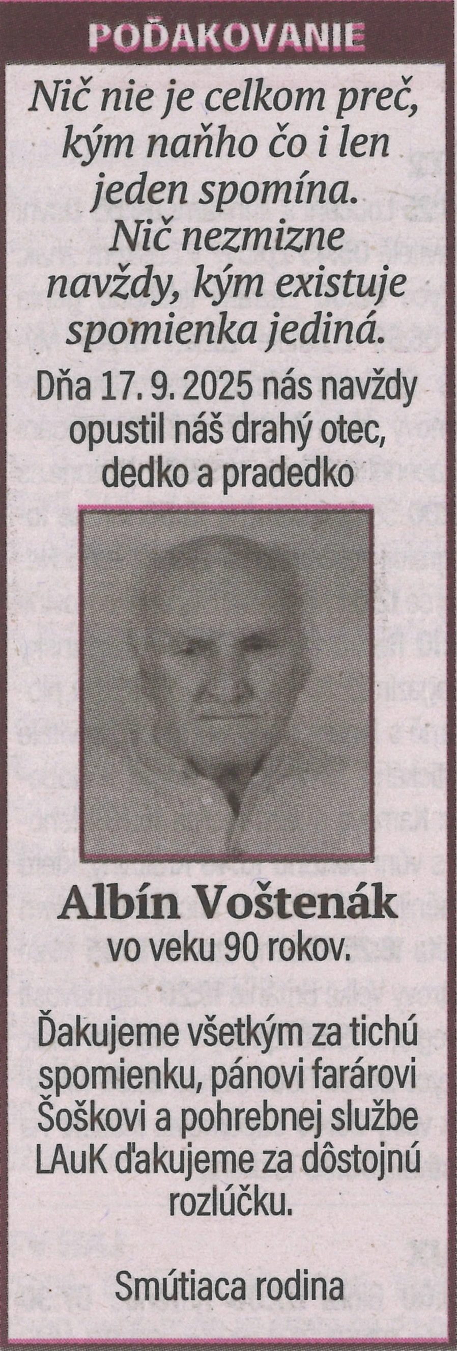 Poďakovanie 30 - pohrebné služby LAuK