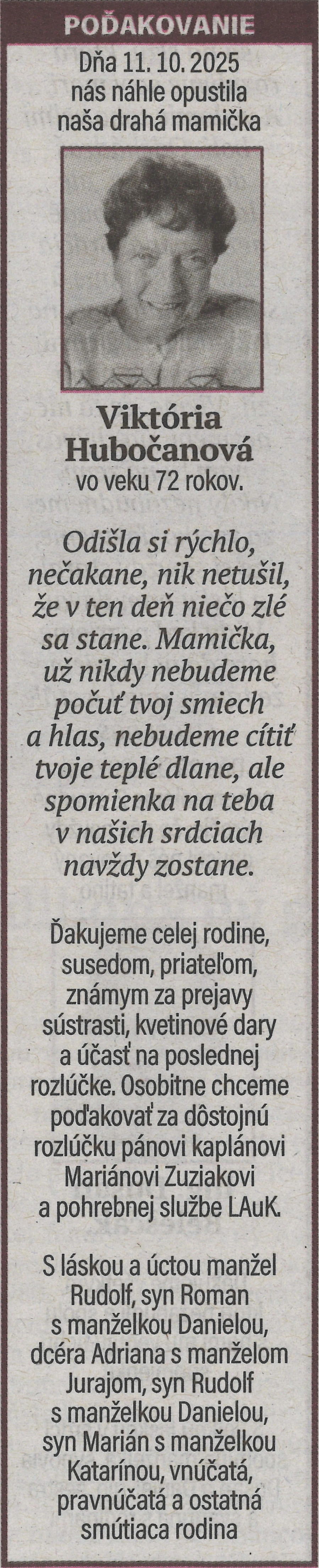 Poďakovanie 27 - pohrebné služby LAuK