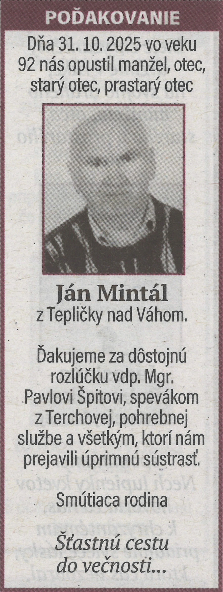 Poďakovanie 26 - pohrebné služby LAuK