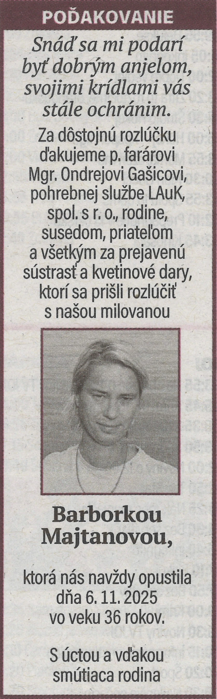Poďakovanie 23 - pohrebné služby LAuK