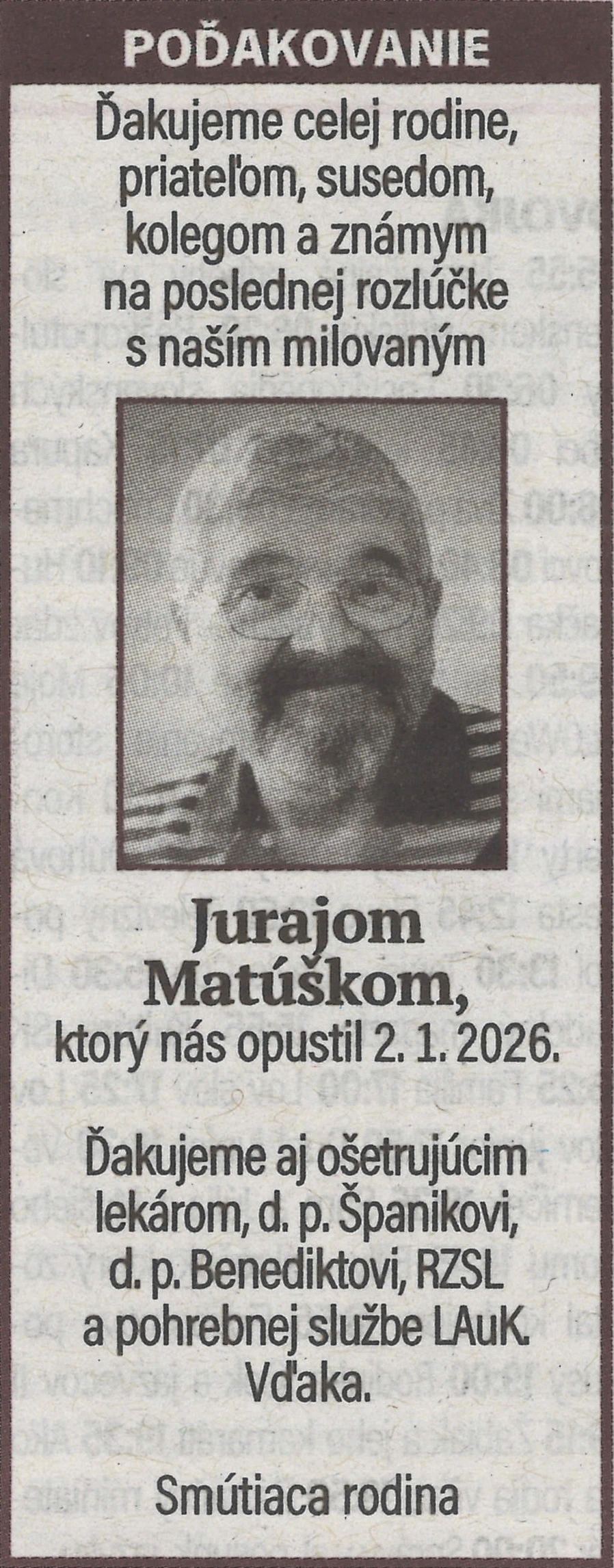 Poďakovanie 17 - pohrebné služby LAuK