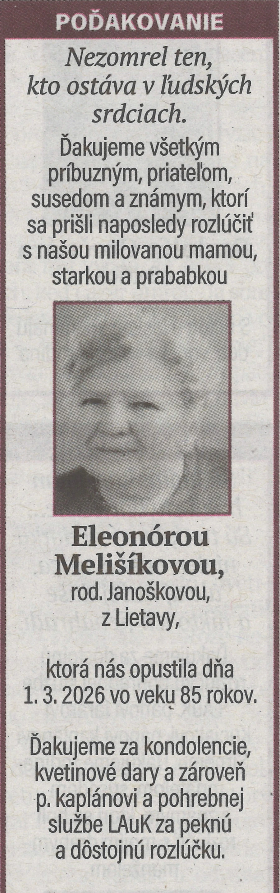 Poďakovanie 15 - pohrebné služby LAuK