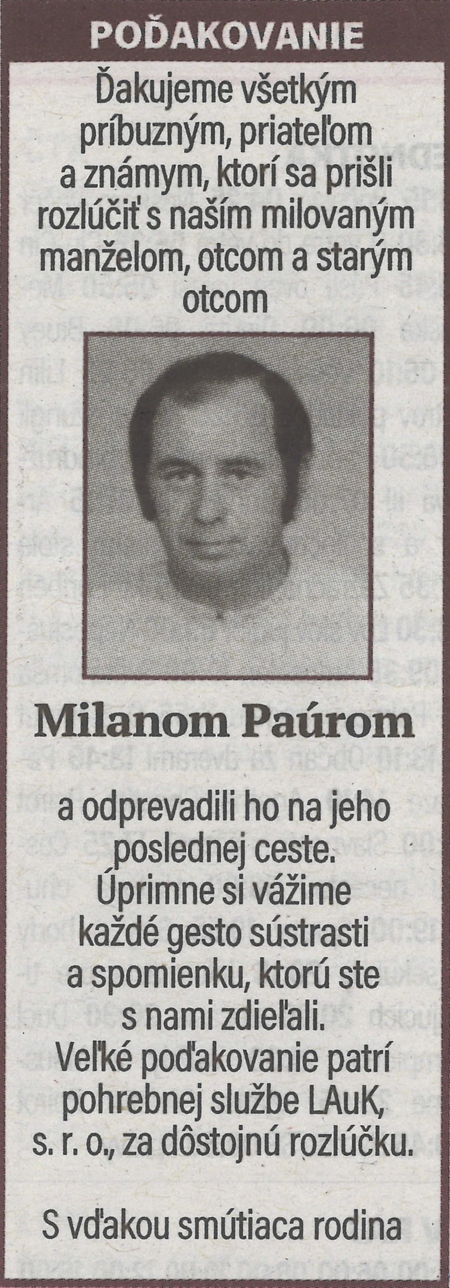 Poďakovanie 13 - pohrebné služby LAuK