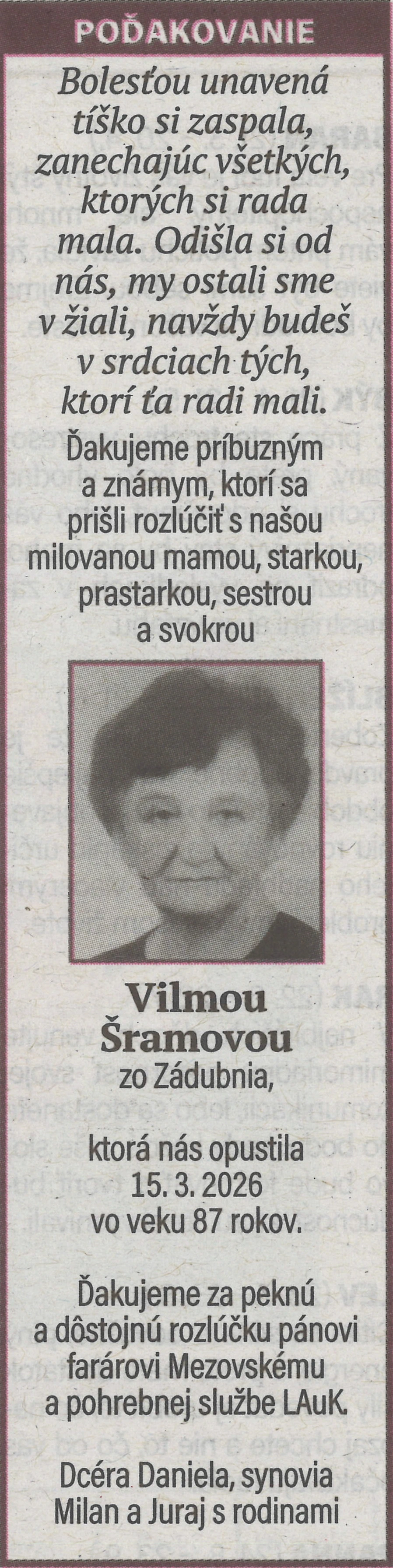 Poďakovanie 12 - pohrebné služby LAuK