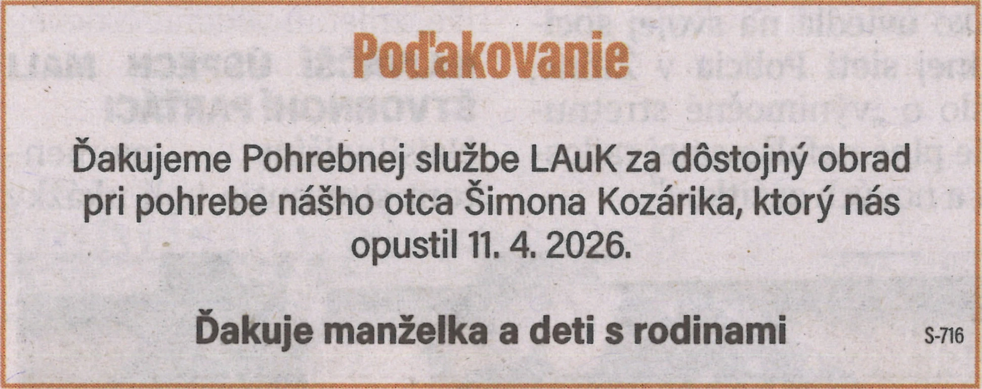 Poďakovanie 11 - pohrebné služby LAuK