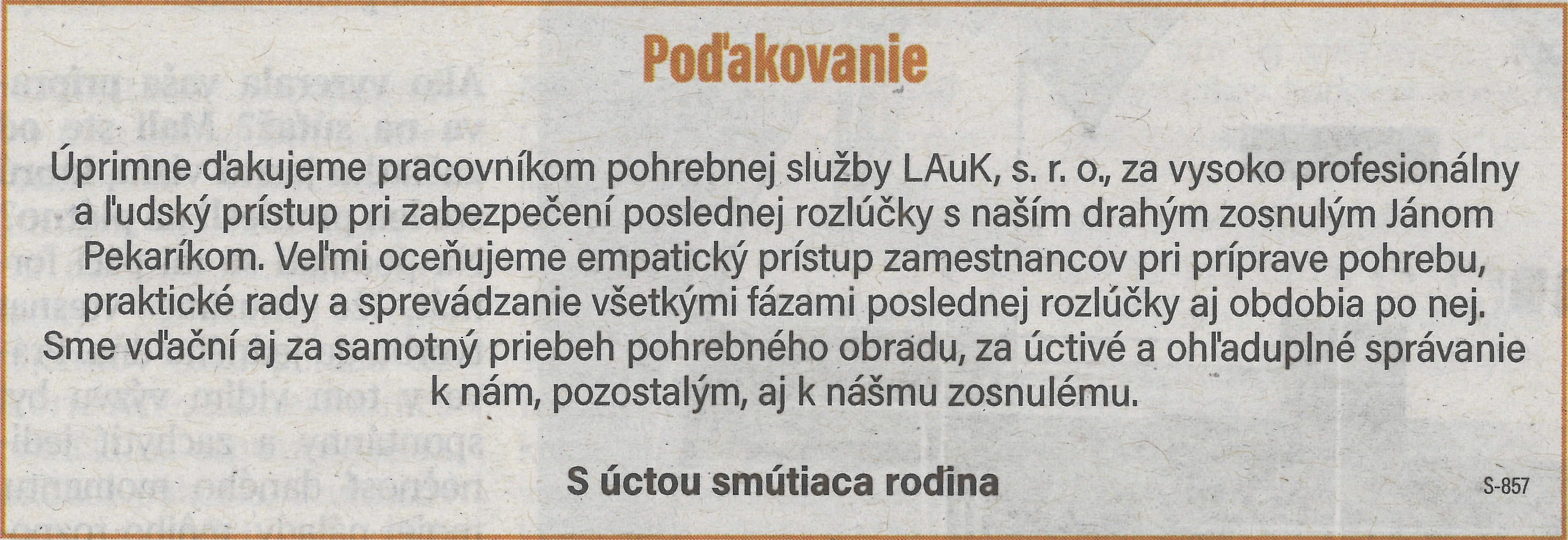Poďakovanie 9 - pohrebné služby LAuK