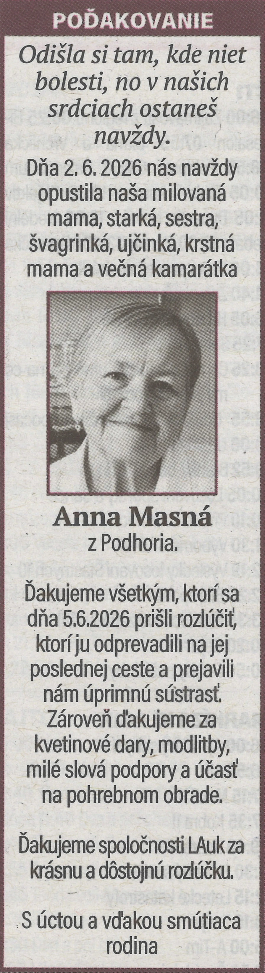 Poďakovanie 8 - pohrebné služby LAuK