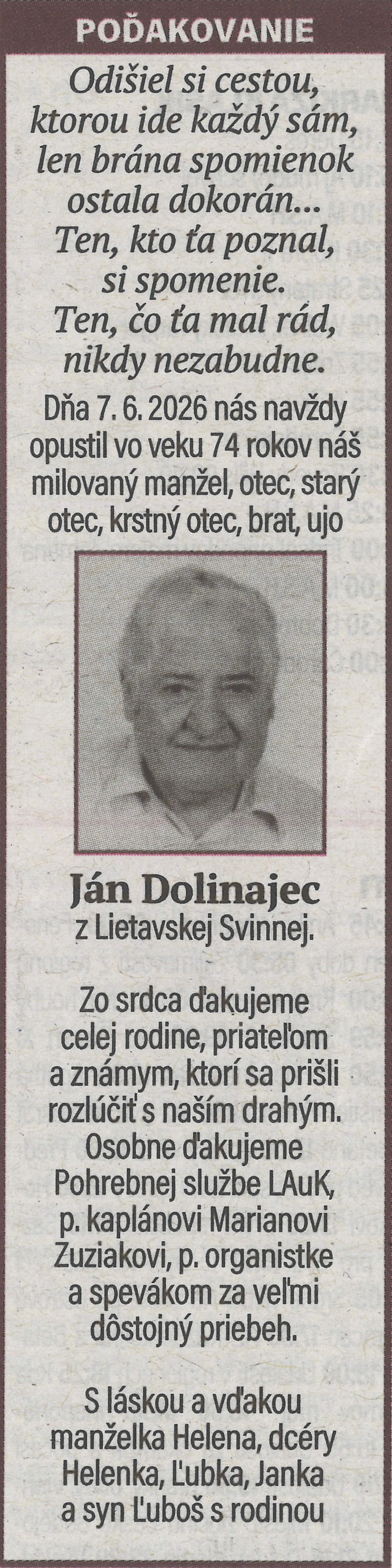 Poďakovanie 7 - pohrebné služby LAuK