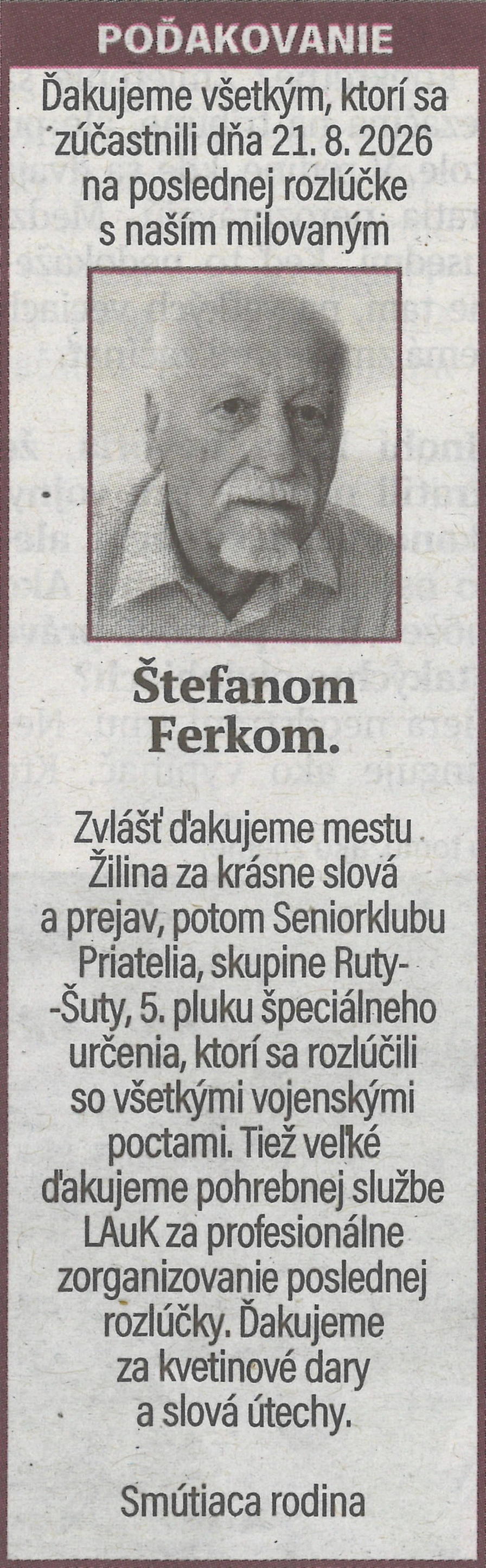 Poďakovanie 3 - pohrebné služby LAuK