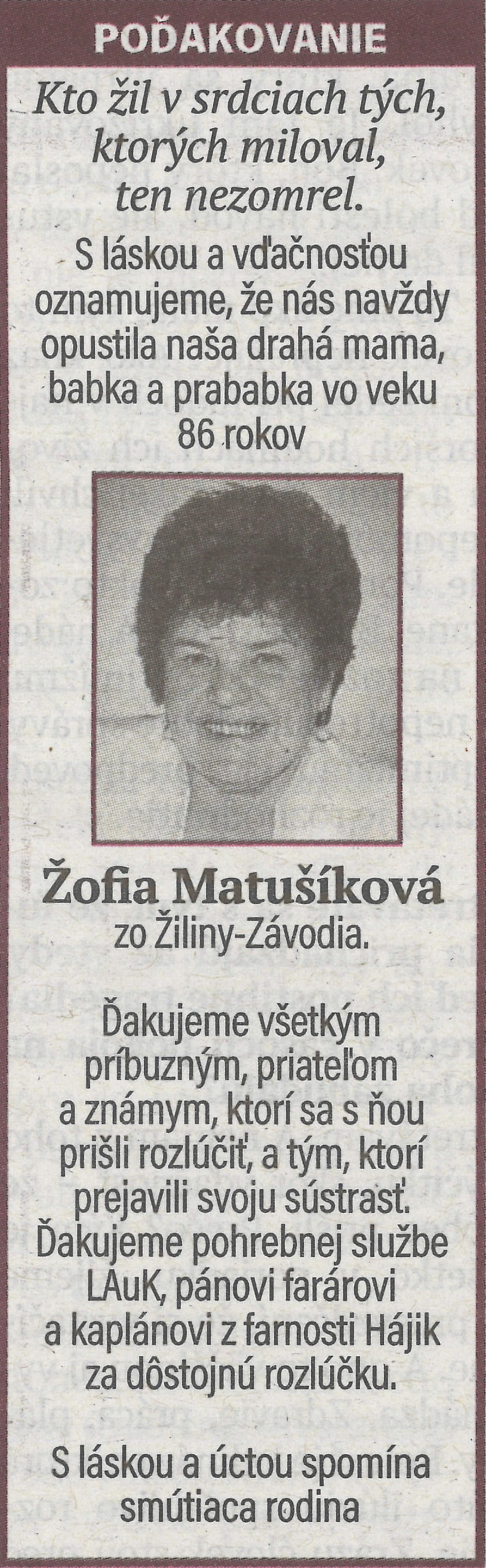 Poďakovanie 2 - pohrebné služby LAuK
