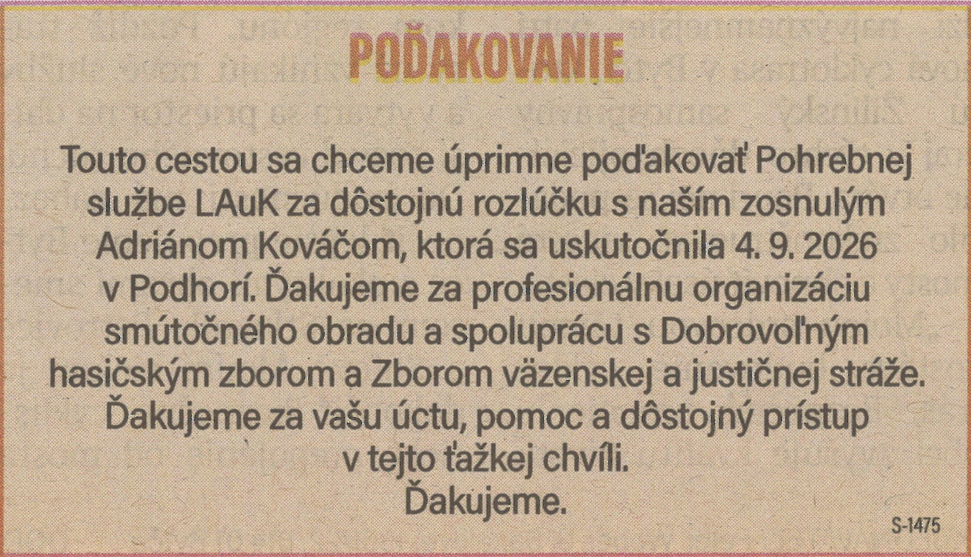 Poďakovanie 1 - pohrebné služby LAuK